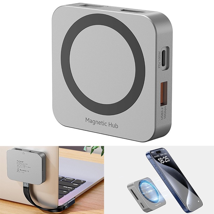 Hub magnetic USB C 8-in-1 si statie de andocare Type-C, ZYNORO®，carcasa M.2 NVMe 2230 SSD, HDMI 4K@60Hz, USB-A/USB-C 3.2, slot pentru card SD/TF 3.0, AUX 100W PD pentru iPhone 15 16, MacBook, laptop