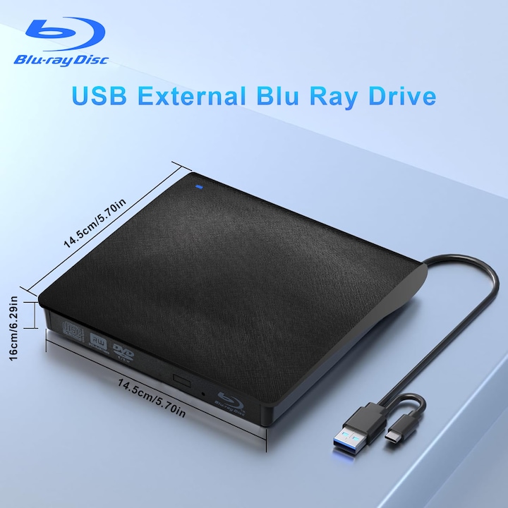 Unitate Blu-ray externa, GODBPNYMU, player Blu-ray cu interfete USB 3.0 si USB-C, masterer CD/DVD/Blu-ray, compatibil cu sistemele Windows, Mac OS si Linux, potrivit pentru laptopuri/desktopuri/MacBook-uri, negru