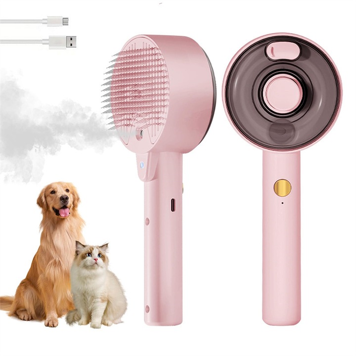Chelfonds® 4 az 1-ben többfunkciós kefe háziállatoknak, USB-n keresztül tölthető, gőzfunkcióval, szőrtelenítéssel, öntisztítással, sterilizálással és masszázzsal, minden háziállat számára alkalmas, rózsaszín