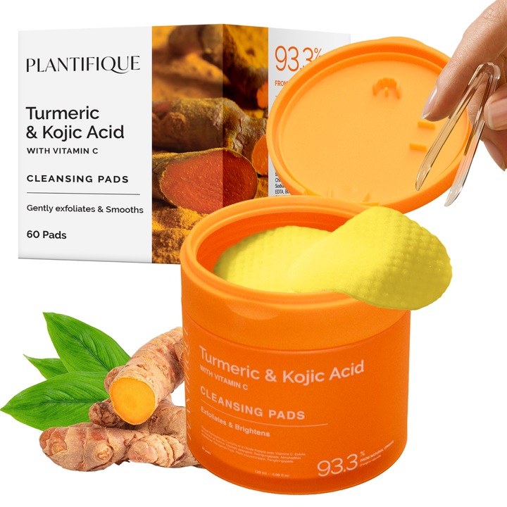 PLANTIFIQUE Dischete Exfoliante cu Turmeric si Acid Kojic – 60 Pads pentru Curatare Ten, Luminozitate, Antiacneic, Pete Pigmentare, Exfoliere Blanda, Skincare Zilnic, Ten Mixt si Gras