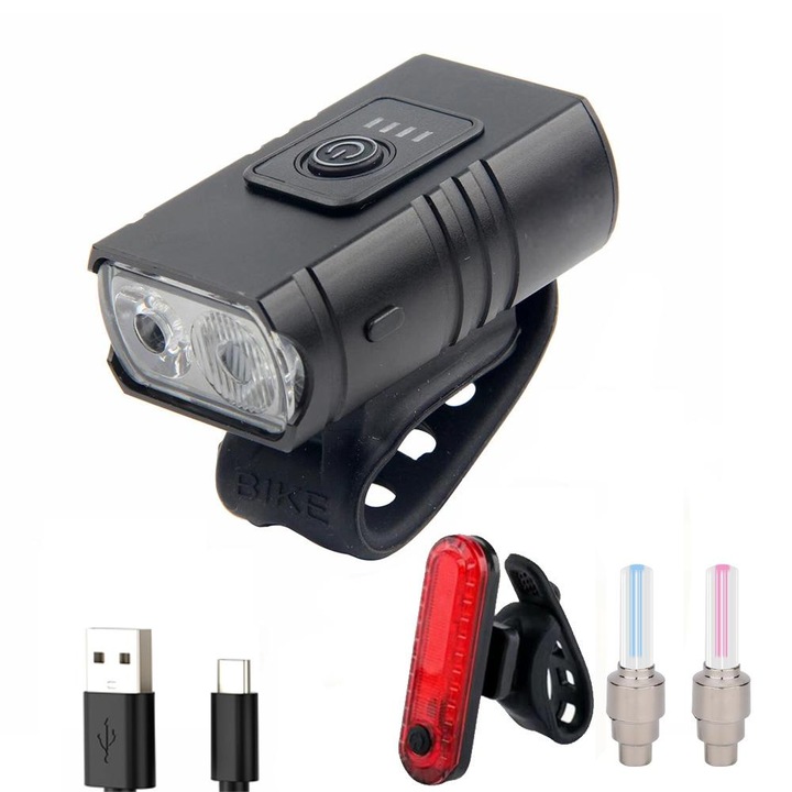 Set Lumini Bicicleta + lumini LED pentru bicicleta 2 bucata, Dicollas®, IP45, 1600 Lumeni, 2400mAh, 10 Moduri Luminare, Reincarcabile USB, Set 2 capace ventil, ABS, universale