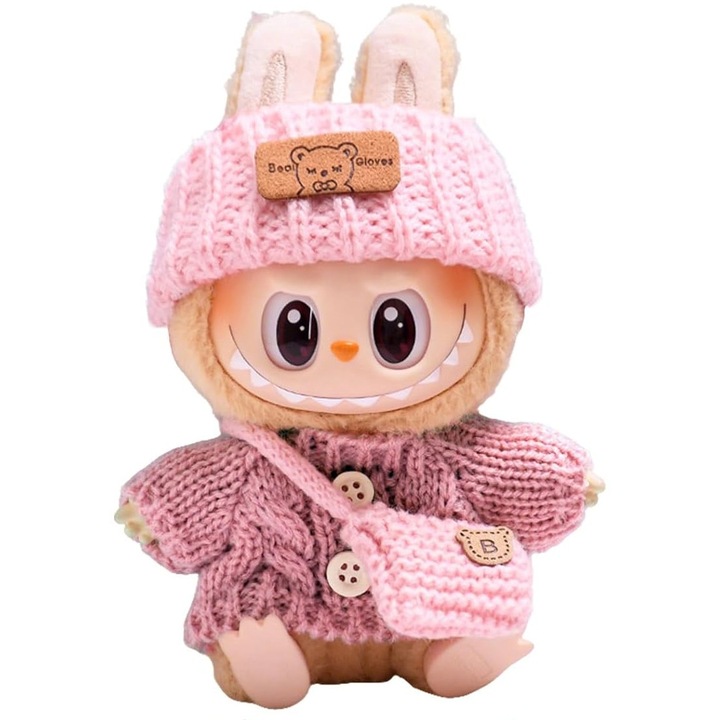 Комплект от 3 дрехи за кукли, съвместим с Labubu, 15/17 см, шапка с тюлена пола с аксесоари, без кукла, Тъмнорозов