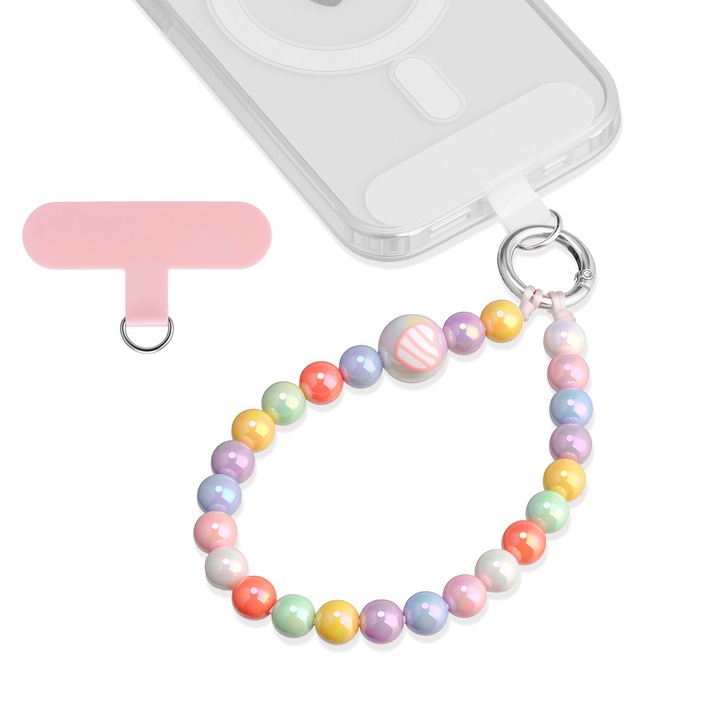 Snur telefon bratara, Accesoriu telefon cu margele colorate, 13 cm (diam. 10 mm), universal, detasabil, cu 2 placute
