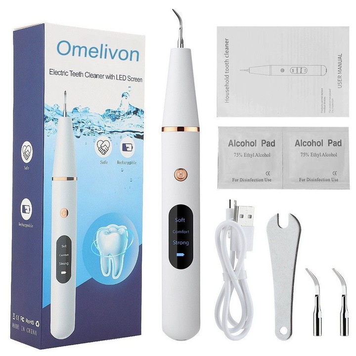 Szájzuhany, szónikus fogtisztító a lepedék/fogkő eltávolítására, 3 üzemmód, LED, USB-ről tölthető, vízálló, Omelivon®, fehér