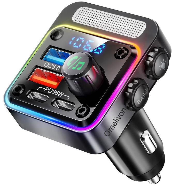Autós Bluetooth 5.3 adapter, FM transmitter, 4 portos gyors töltés, kihangosított hívások, MP3 zenelejátszó, 5 színű LED világítás, beépített mikrofon, Omelivon®, fekete