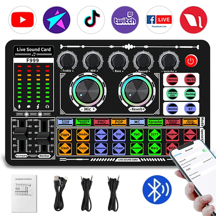 Mixer Audio Profesional, Lurelia, Placa de sunet externa, DJ Mixer, Interfata audio, Wireless Bluetooth, Butoane multifunctionale, pentru PC, telefon mobil sau tableta, pentru podcast/inregistrare/muzica/pentru live/YouTube/TikTok, Negru