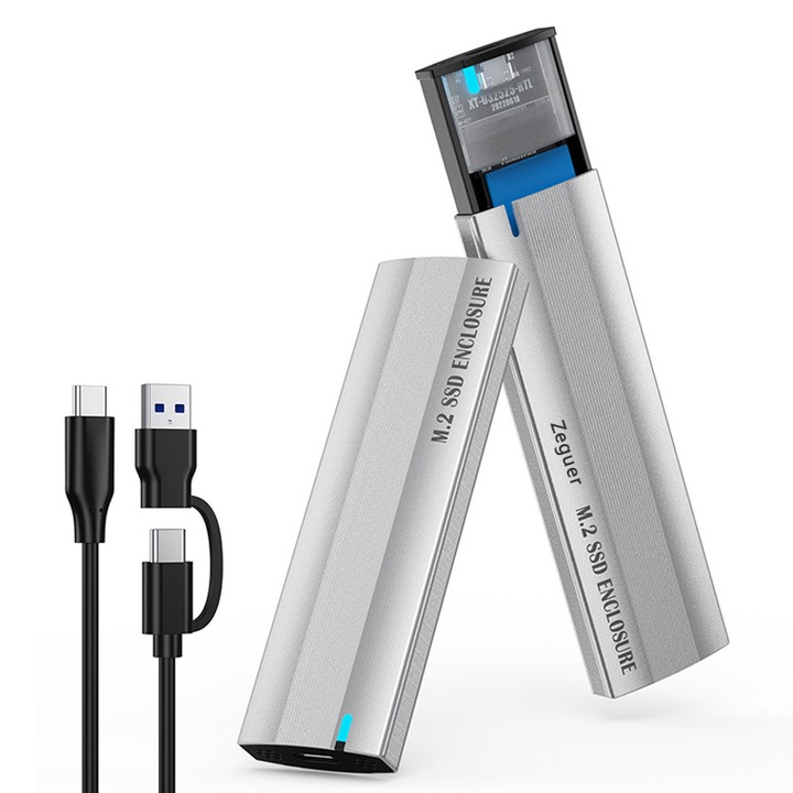 Кутия за SSD M.2 NVMe/SATA Zeguer, 10 Gbps, Алуминий, UASP, Plug and Play, Сребрист