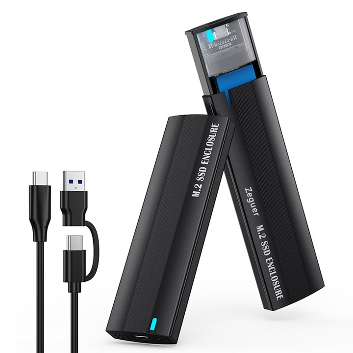 Кутия за SSD M.2 NVMe/SATA Zeguer, 10 Gbps, алуминий, UASP, Plug and Play, черна