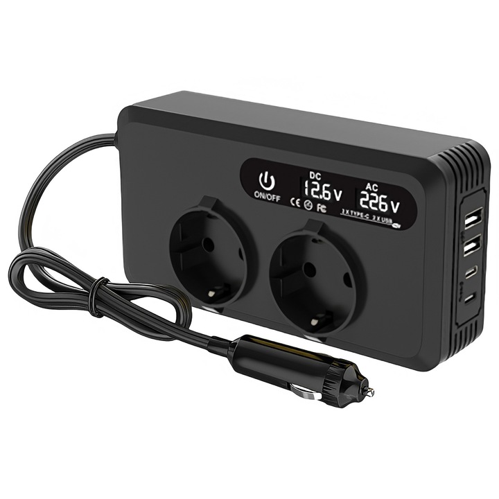 Инвертор за кола 12V, DONFANLIA®, Изходно напрежение 220V, Мощност 200W, 2 EU контакта, 2 USB порта, 2 Type-C порта, Цифров дисплей с връзка към запалката, Защита от температура, Цифров дисплей, Бързо зареждане, Множество защити, Черен