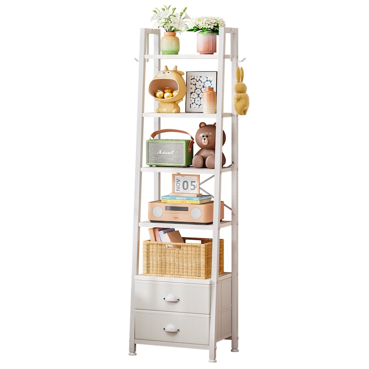 Raft Tip Scara cu 5 Niveluri, Biblioteca Ingusta pentru Colt cu 2 Sertare, Biblioteca Industriala Independenta pentru Depozitare, Raft Organizator pentru Carti si Decor pentru Living, Birou de Acasa sau, 1 x Biblioteca Alb Biblioteca MDF