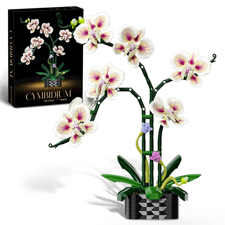 Orchidea építőszett – barkács művirágok, dekoratív növények otthonra, anyák napi és Valentin-napi ajándék, 736 darab, kompatibilis a Botanicals kollekcióval