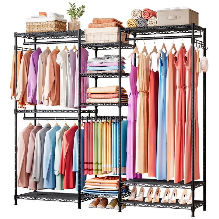 Suport Rezistent pentru Haine, Bare pentru Haine pentru Dormitor, Raft pentru Haine cu Polita de Depozitare, Bara pentru Umerase si Paltoane, Garderoba Deschisa Reglabila din Metal, Negru, Universal Suport umerase Metal