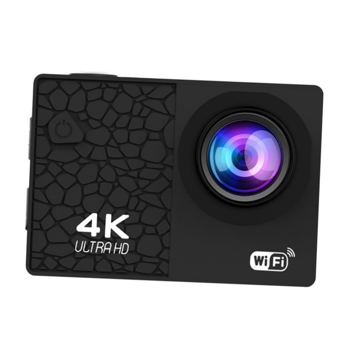 Camera de Actiune, 4K Ultra HD, 20 Mpx, Conexiune Wi-Fi, Rezistenta la Scufundari 30m, Unghi de 170°, Functie Camera de Bord, Inregistrare in Bucla, Suport Moto si Bicicleta, Ecran IPS HD de 2,0 inci, baterie 1050mAh, material ABS, negru