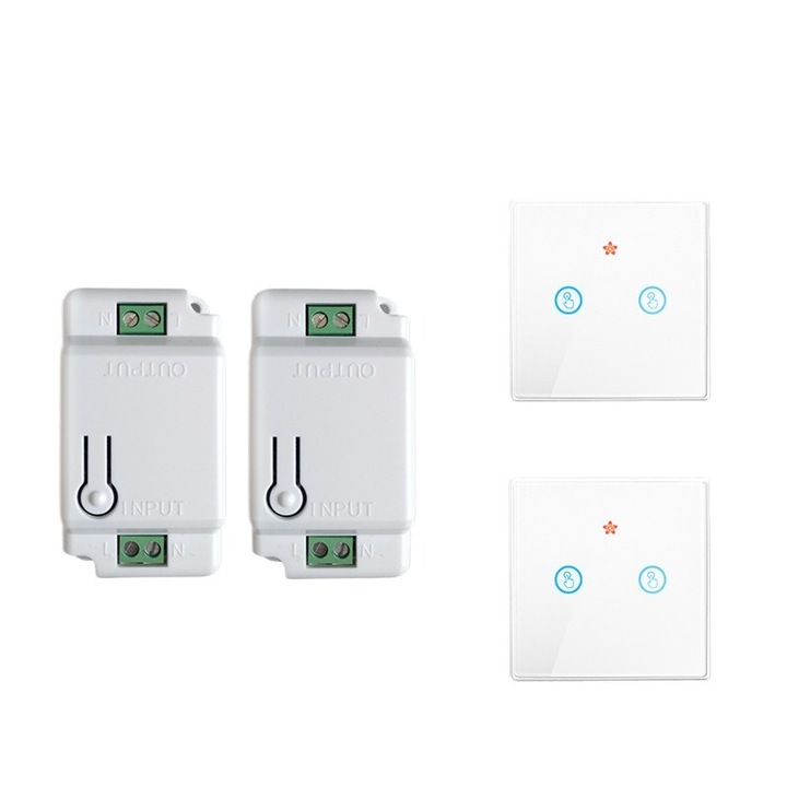 2 db vezeték nélküli kapcsoló plusz 2 kompatibilis vevőegység a Tuya, Google Home, Alexa, Smart Life számára, Wi-Fi, fehér, dupla nyitás és dupla gyűjtés, egyszerű megjelenés, csere és használat