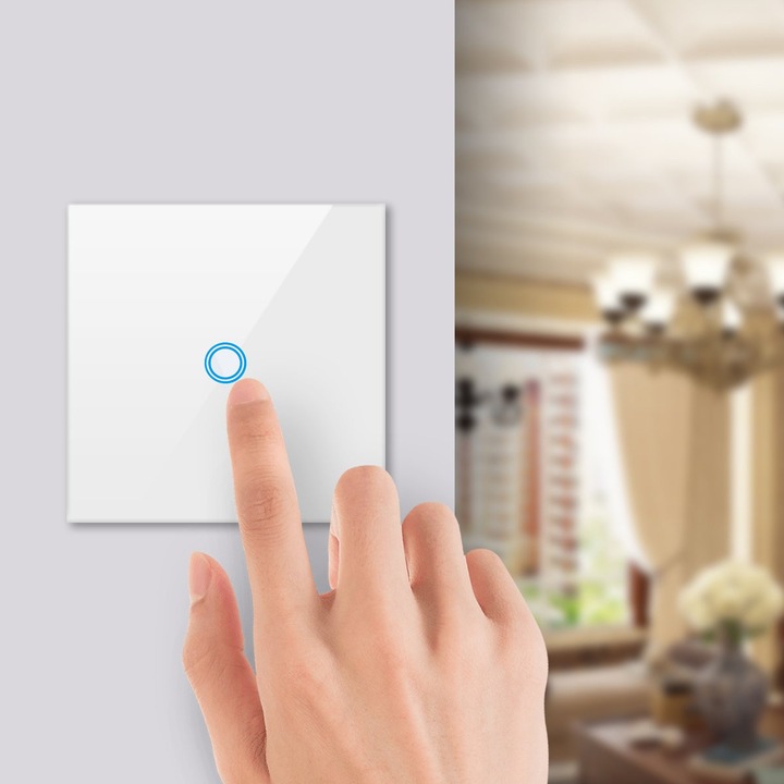 Comutator de perete cu atingere pentru lumina, unic, Sternhoff, Sticla Temperata, LED Indicator, Instalare Usoara, Design Modern, Certificat CE, Rezistent la Zgarieturi, Usor de Curatat, Elegant, Fiabil, Anti-Interferente, Alb