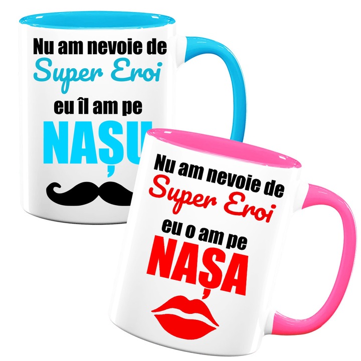 Set 2 cani personalizate pentru nasi cu mesaj:"Nu am nevoie de supereroi...", Betaprint, Model 1, ceramica, 330ml, alba cu interior albastru/roz
