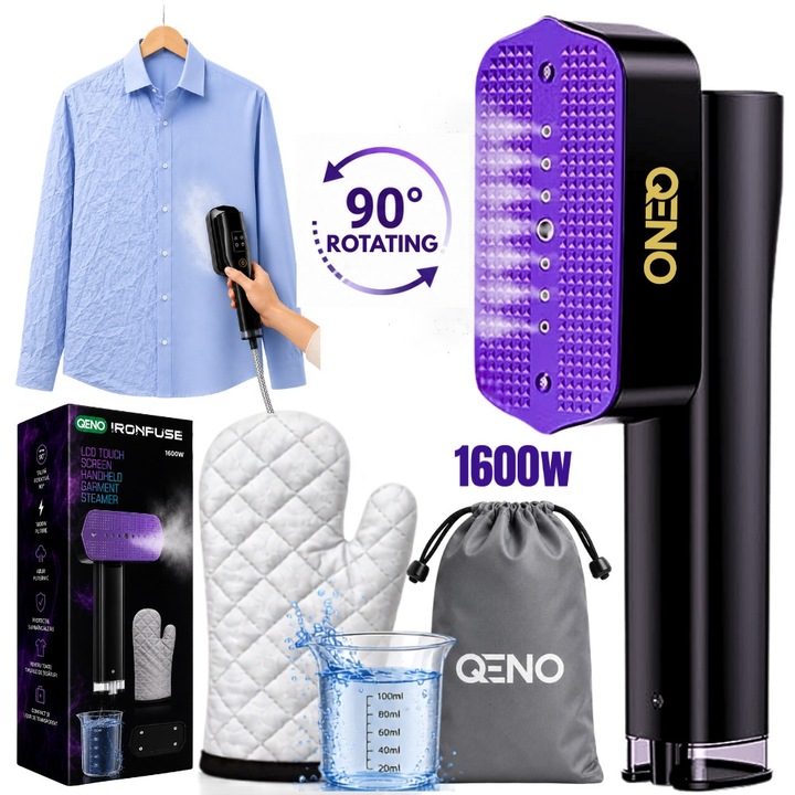 Fier De Calcat Vertical Si Orinzontal Portabil, Qeno® IronFuse Putere 1600W, Cu Abur Si Talpa Ceramica, Rezervor 100ml, Cablu 2m, Incalzire Rapida 15' Si 4 Moduri De Calcare, Functie Umeda/Uscata, Igienizare, Rotire 90°, Display LED, Buton Touch, NegruMov