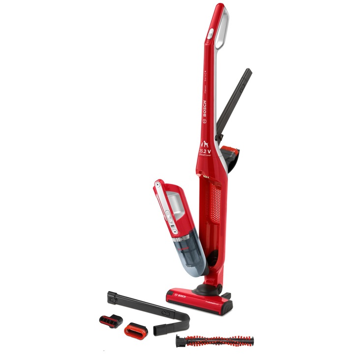 Вертикална прахосмукачка Bosch Bbh3Zoo25, захранване с акумулатор, 0.4л, 25.2В, червен