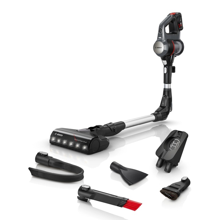 Прахосмукачка безжична Bosch Unlimited 7 Bcs711A, без торба, със сменяема батерия, гъвкава тръба, хигиеничен филтър, 10 години гаранция на мотора, накрайник за тесни пространства, LED осветление, турбо режим, сива