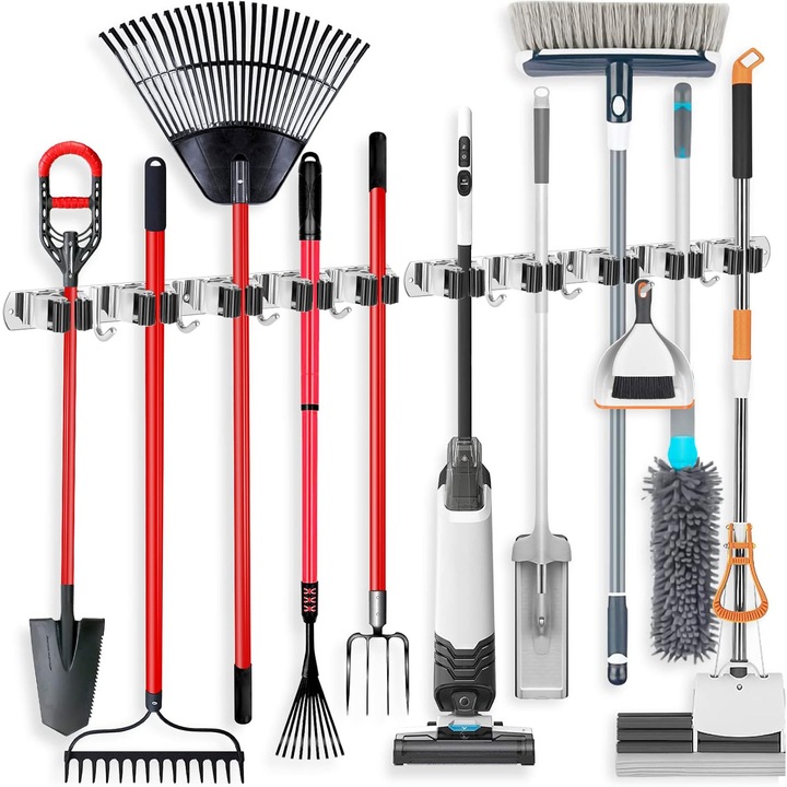 2 db fali seprűtartó készlet, Fvchy, 5 nyílás + 4 kampó, szerszámtároló rendező, rozsdamentes acél, öntapadó, konyhába, kertbe, mosókonyhába, garázsba, 43x3,5 cm, ezüst és fekete
