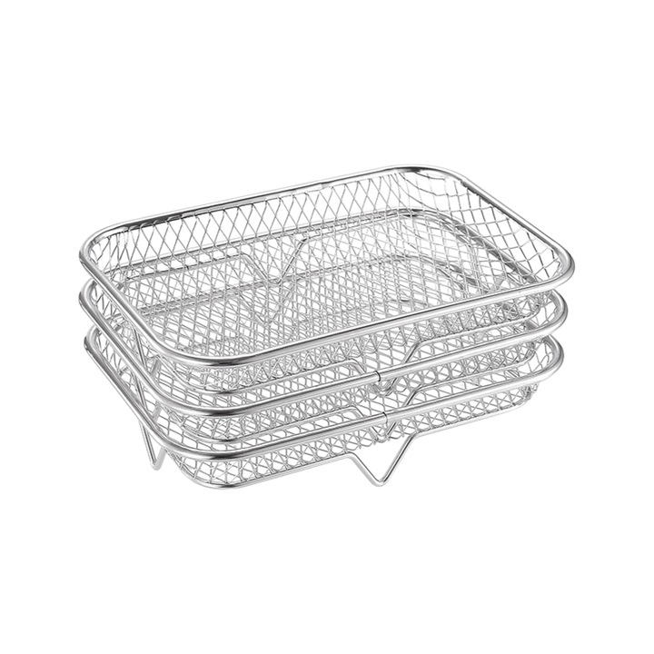 Gratar, accesoriu pentru friteuza cu aer, otel inoxidabil 304, design cu 3 niveluri, dreptunghiular, 19, 5x13, 5x9cm, argintiu