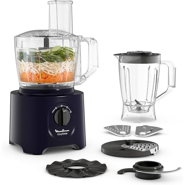 Robot de Bucatarie Multifunctional Moulinex FP247810 Easy Force, 800W, 25 functii, 2 viteze + Pulse, 6 accesorii, Albastru Midnight