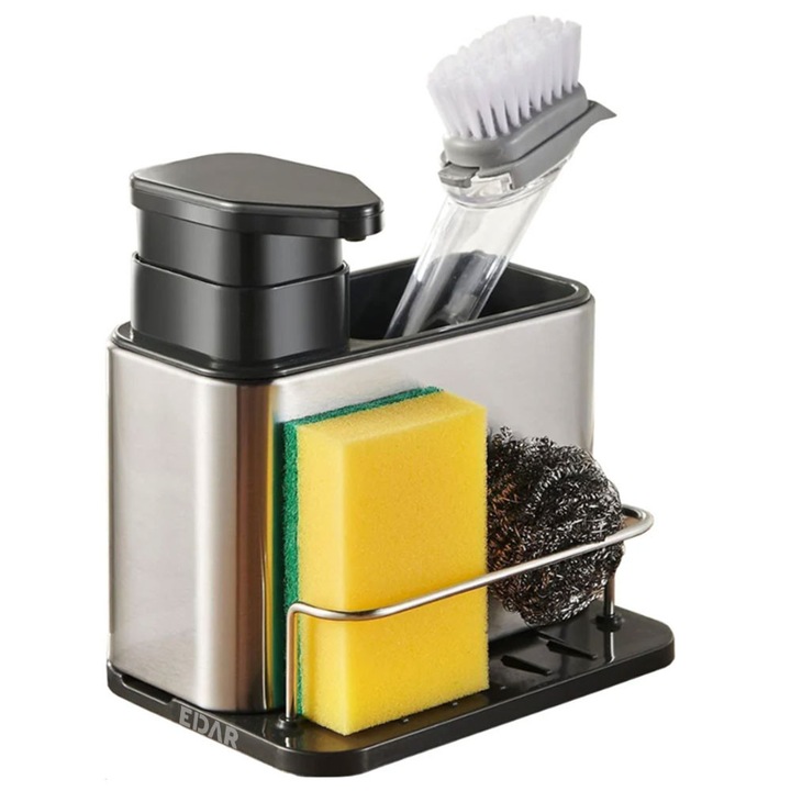 Organizator Cu Dispenser EDAR Pentru Chiuveta Bucatarie Sau Baie, Suport Burete, Inox/Plastic, Argintiu/Negru, 18.5 cm x 17.5 cm x 12.5 cm