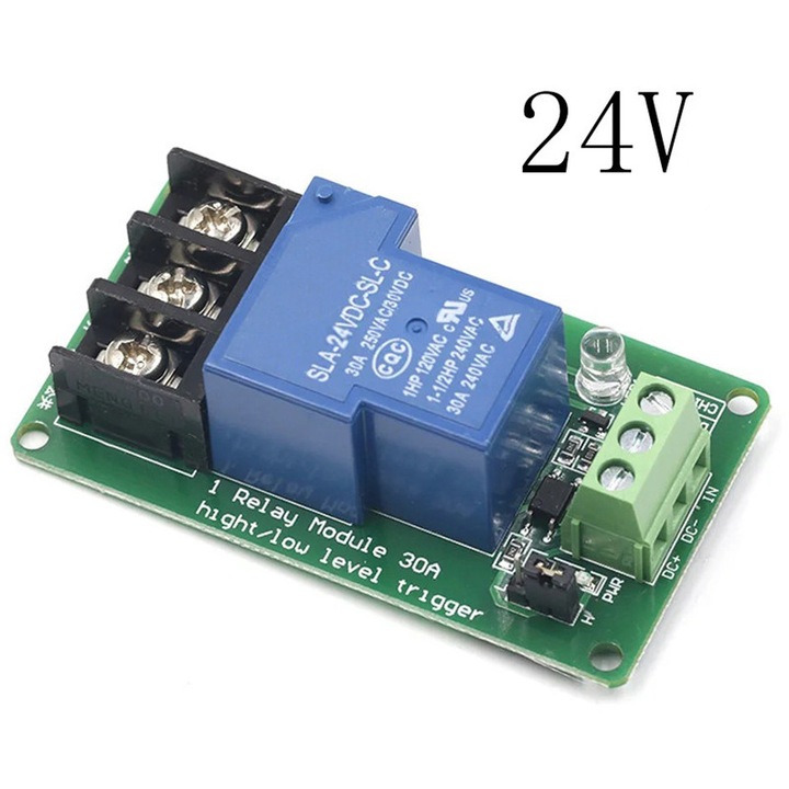 Modul releu cu 1 canal 24V, 30A, declansare nivel inalt/scazut, izolare cu optocuplor SMD