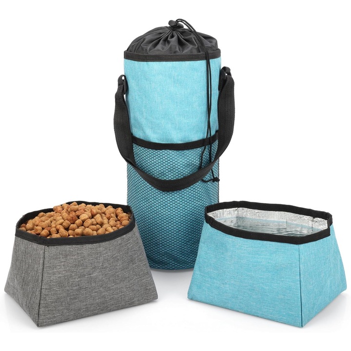 Geanta calatorie pentru animale, Belle Vous, 5L, material oxford impermeabil, 22, 5 x 40 cm, caini/pisici, 2 boluri pliabile pentru apa si mancare 3 L, Albastru