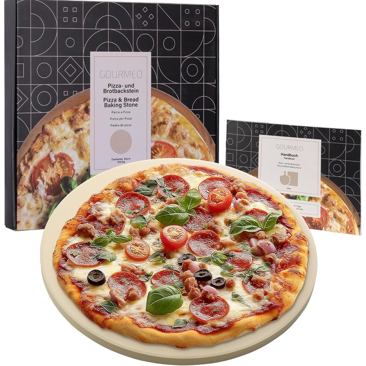 Piatra de pizza, Gourmeo, 35 x 1.5 cm, din ceramica corderita, rotunda, pentru cuptor si gratar