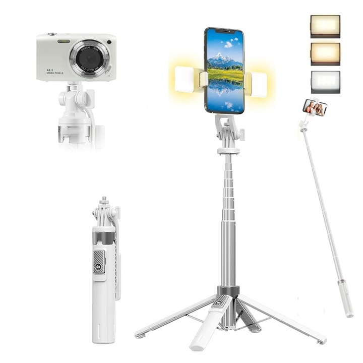Trepied selfie 1,25m cu suport rotativ 360°, lumini LED integrate, telecomanda wireless, portabil, pentru telefon, camera, vlog, TikTok, YouTube