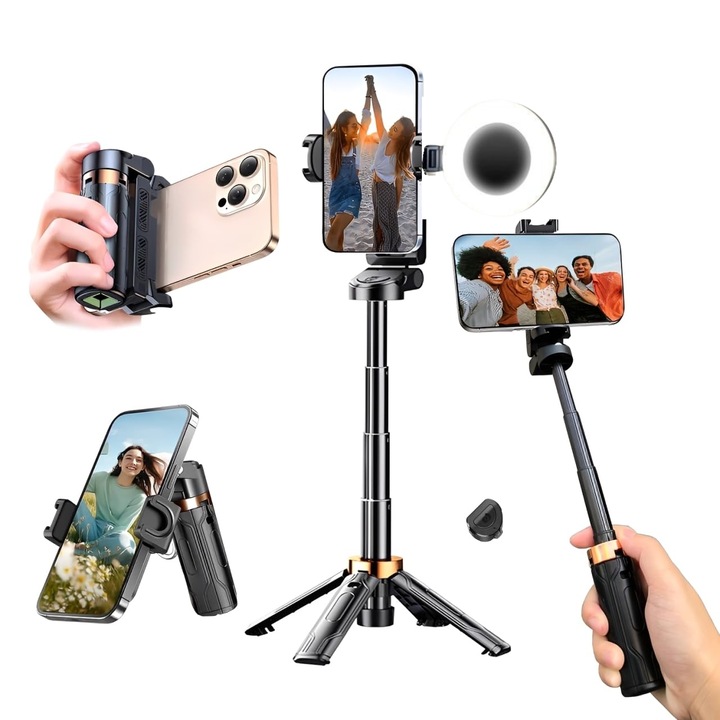 Trepied selfie Bluetooth 3-in-1 mini, suport de buzunar cu rotatie si extensie 360°, telecomanda wireless detasabila si lumina integrata, usor si portabil, ideal pentru inregistrari video, vlog, live, concerte si calatorii, compatibil iPhone si telefoane