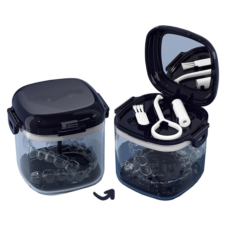 Cutie pentru proteze dentare, cutie pentru fixare, recipient cu sita pentru baie dentara, cutie pentru proteze, pahar pentru curatarea gutierelor, suport dragut pentru proteze, recipient de inmuiere pentru gutiere de noapte, potrivit pentru calatorii si c