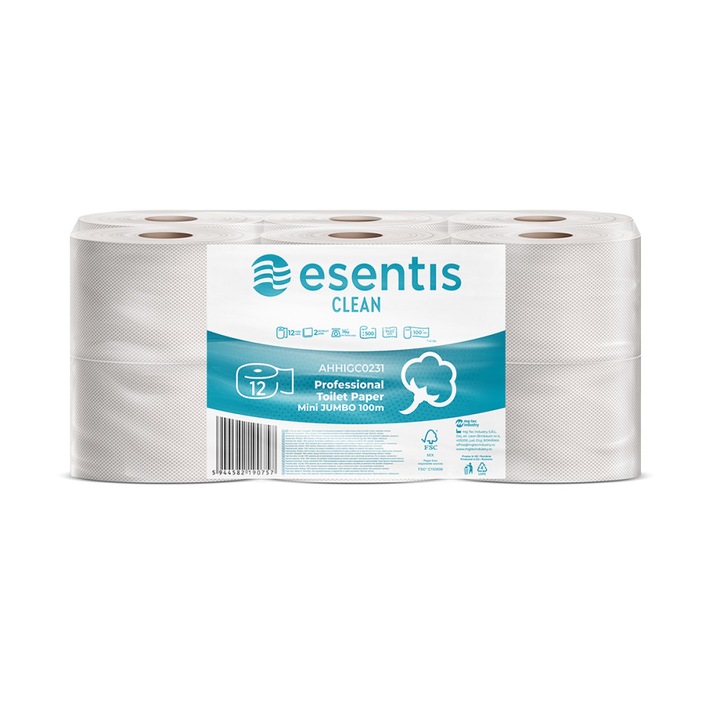 Esentis tiszta fehér toalettpapír 2 rétegű, 500 adag, 100 m, 12 tekercs/készlet