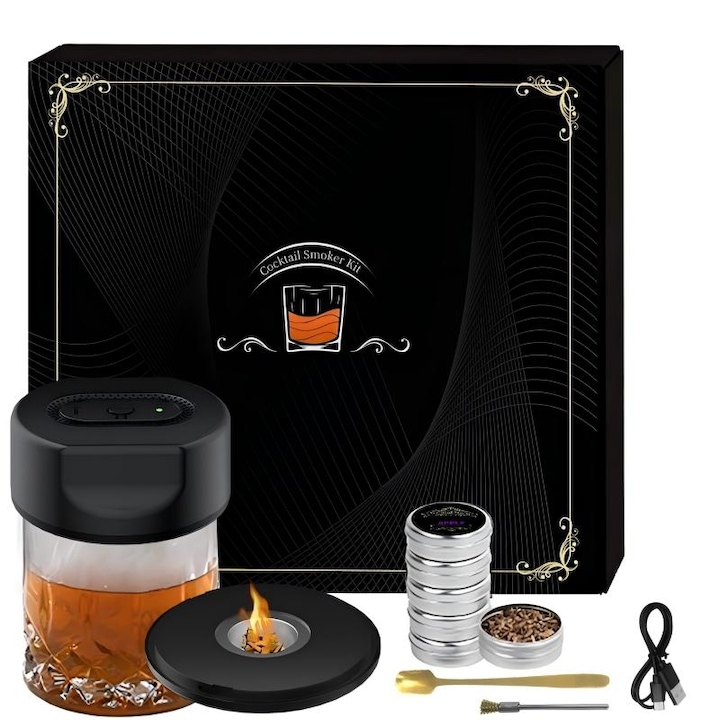 Afumator Bauturi, Set premium electric pentru afumat bauturi whisky cocktailuri, electronic- siguranta in momentul utilizarii, fara expunere la flacara, 6 tipuri de aschii de lemn, incarcare tip-c, baterie Reincarcabila 800-mAh