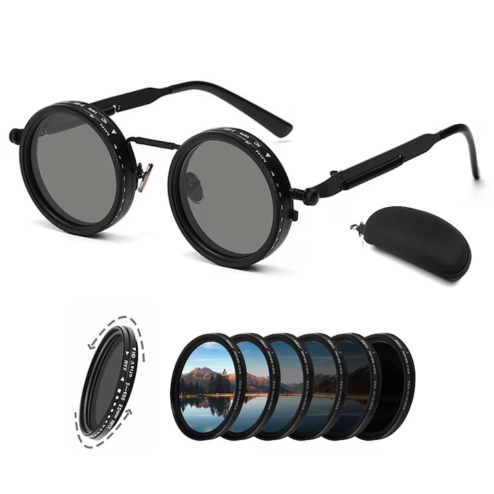 Ochelari de soare rotunzi polarizati, AjieQaQ®, Negri, cu filtru ND 9 niveluri reglabile, protectie UV 400, strat antireflex, pentru exterior, confortabili, unisex, ideali pentru sport, conducere auto, moda urbana, protectie ochi, ochelari fashion