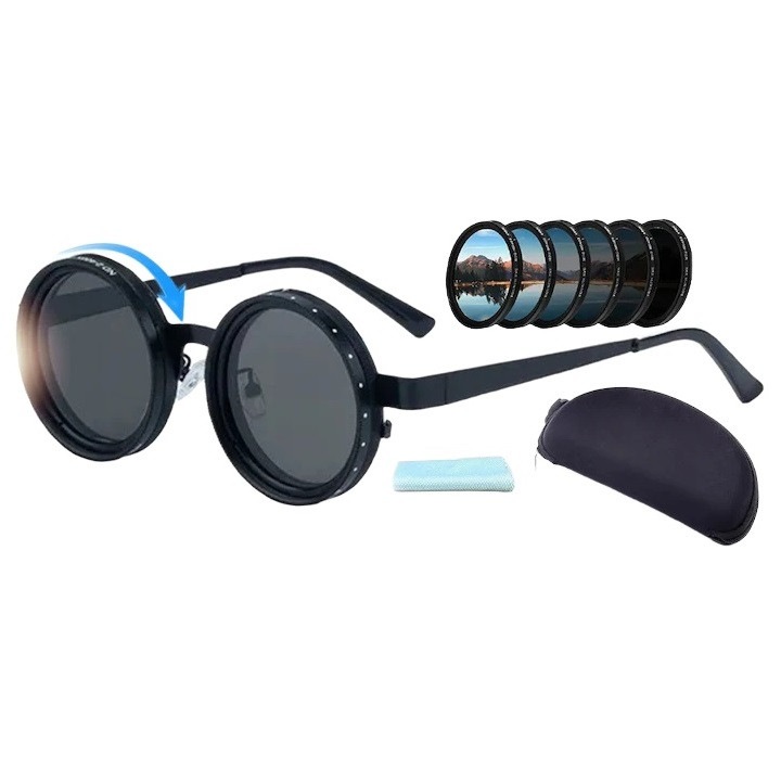 Поляризирани кръгли слънчеви очила, AjieQaQ®, черни, с ND филтър с 9 регулируеми нива, UV 400 защита, антирефлексно покритие, за открито, удобни, унисекс, идеални за спорт, шофиране, градска мода, защита на очите, модни очила