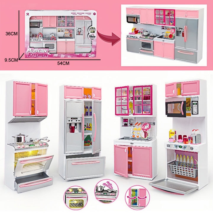 Többfunkciós teljes gyermek konyha, LED világítás és hangok, Teljesen felszerelt, Főzőeszközök, Kétégős főzőlap, Sütő, Mosogató, Tárolóhellyel, Mikrohullámú sütő, Több kiegészítő, Rózsaszín
