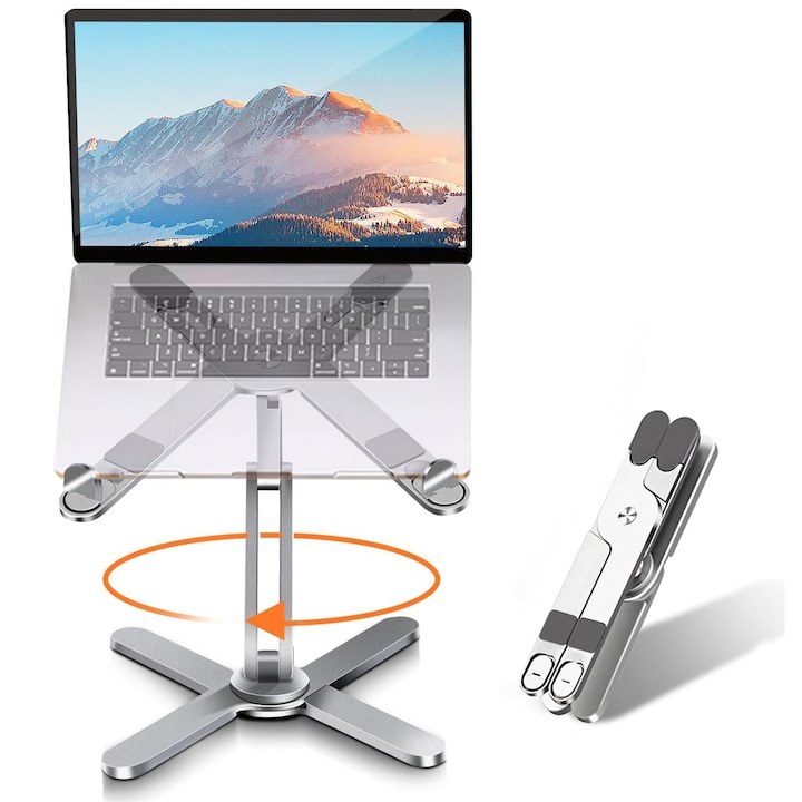 Suport laptop, MOSMAOO®, Ajustabil pe Inaltime, 10-16" inch, Rotire 360°, Pliabil, Pana la 10 kg, Portabil, Anti-Alunecare, Stabil pe birou, Ergonomic, Compatibil MacBook, Tableta, iPad, Aluminiu, Argintiu