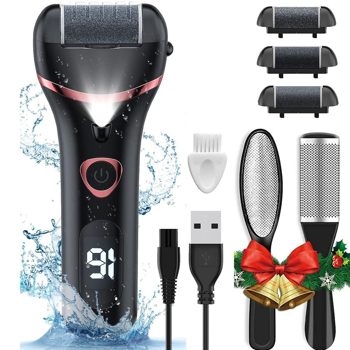 Set Pila Electrica pentru Talpi si Calcaie, Display Digital, 2200Rot/min, 3 Role Interschimbabile, Impermeabil IPX7, Incarcare USB, 1200mAh, LED Lanterna pentru Utilizare Usoara, Negru