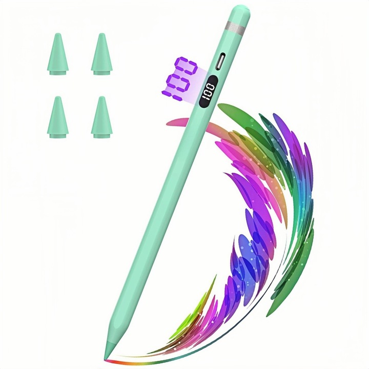 Stylus pen, MOSMAOO®, Pentru iPad 2018–2024, USB-C, Palm Rejection, TILT, Afisaj Baterie Stylus, Design Magnetic, No Lag, 4x Capete de Rezerva, Verde