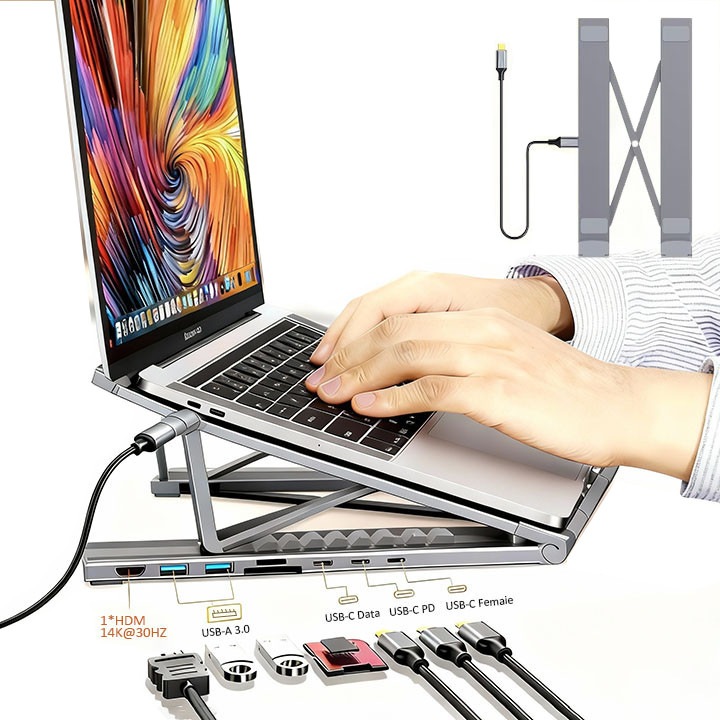 Suport laptop hub USB C 8 in 1, MOSMAOO®, Reglabil pe Inaltime 9 poziti, Cu HDMI 4K, 2 porturi USB 3.0, PD 100W, Pliabil, Din Aluminiu, Portabil, Statie de Andocare USB C, Pentru MacBook Pro/Air/Dell/HP/Lenovo, Plug and Play, Gri