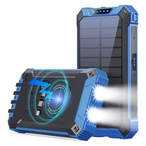 Baterie solara portabila, Power Bank 30000 mAh, 4-Cabluri incluse, 6 porturi, Incarcare wireless, cu lanterne LED duble, Incarcare rapida, IP7, Albastru/Negru