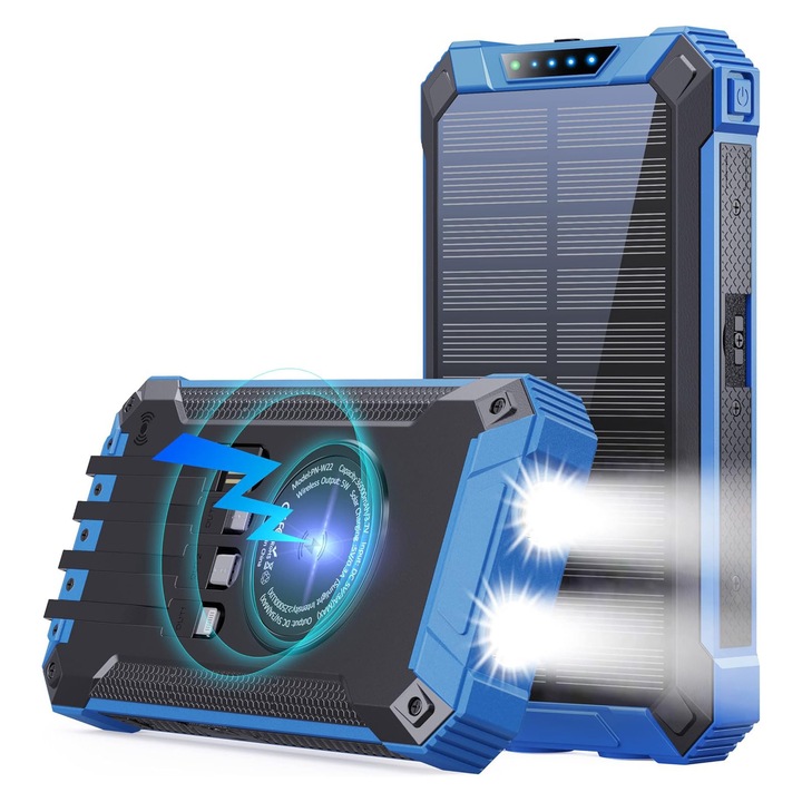Baterie solara portabila, Power Bank 30000 mAh, 4-Cabluri incluse, 6 porturi, Incarcare wireless, cu lanterne LED duble, Incarcare rapida, Waterproof, Albastru/Negru