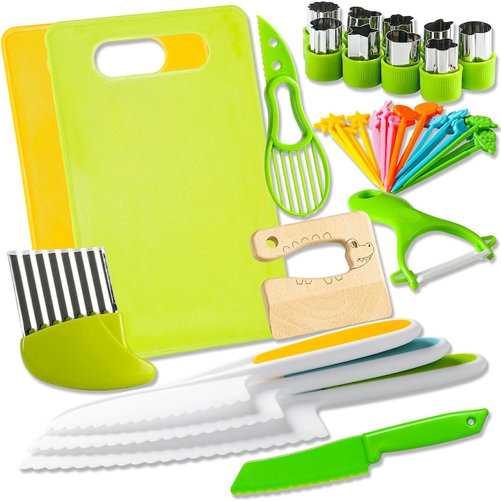 Set 40 Cutite si Accesorii de Bucatarie pentru Copii, Cutite Siguranta, Tocator, Forme Sandwich si Taietoare, Materiale Alimentare, BOMSTOM, Lemn/Plastic, Jucarii educationale Montessori