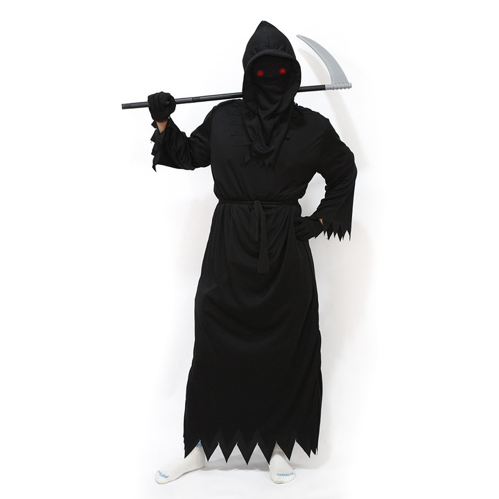 Wuciray® Halloween Kaszás jelmez gyermekeknek /felnőtteknek - Teljes szett kaszával, köpennyel, maszkkal és kesztyűvel, tökéletes farsangokra és Halloween partikra, 145 cm, fekete