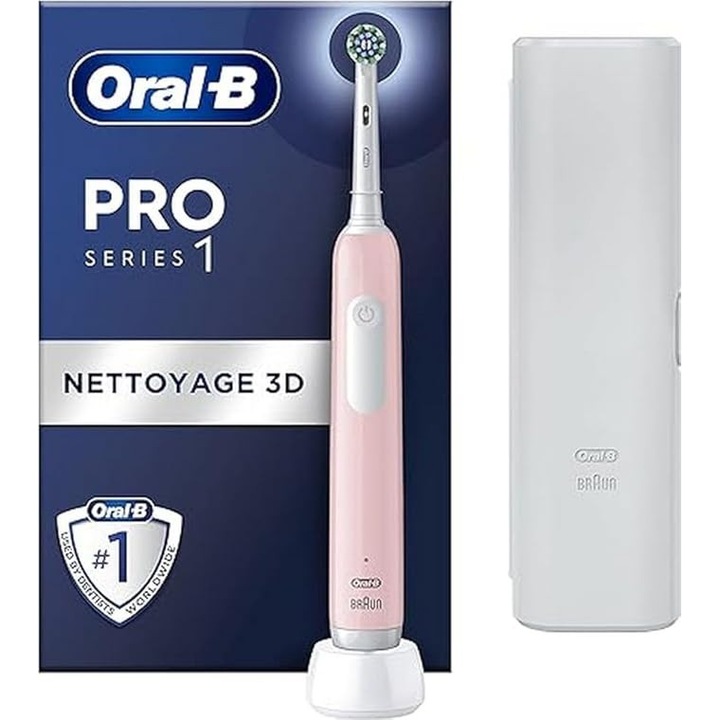 Periuță de dinți electrică Oral-B Pro Series 1, 3 moduri de curățare, senzor de presiune, roz/alb, cu husa călătorie