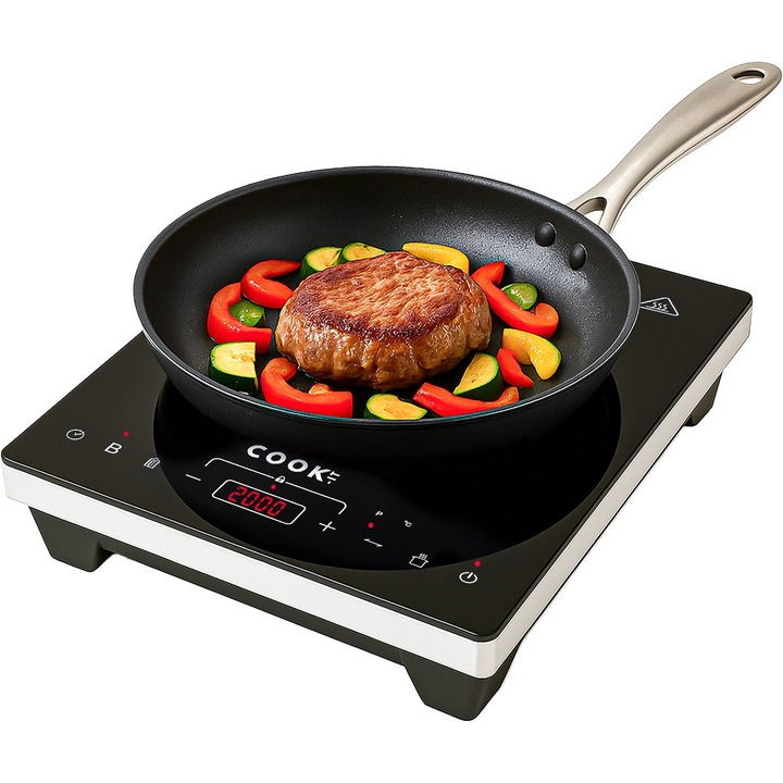 Plita Inductie COOK-IT, 2000W, 1 Zone, 10 Trepte de Putere, 60–240°C, Timer 180 min, Touch Control, Child Lock, Detectare Automata Vase, Compacta, Argintie, Dimensiuni 34x28x6.5 cm