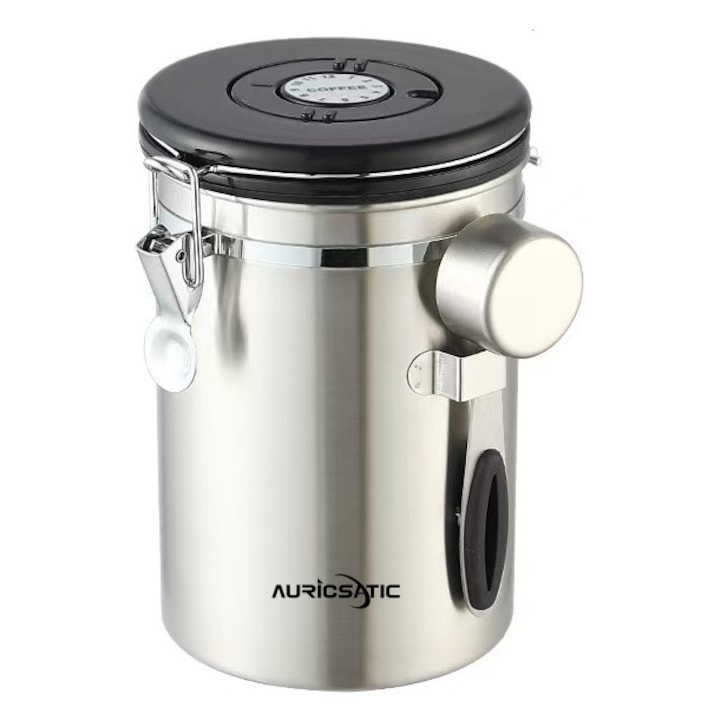 Cutie pentru cafea, AuriCsatic, 1.8L, ventilatie unidirectionala, cu lingura, inox 304, inox culoare,19x13cm
