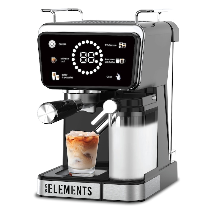 Espressor KB ELEMENTS, 20 Bar, 1350 W, 1, 5L, Touchscreen, Pompa Performanta, Sistem de spumare lapte automat, Cani calde, 4 tipuri de bauturi, Espresso, Americano, Cafea Rece, Dublu Espresso, Filtru single si dublu shot, Barista, Autocuratare, Negru